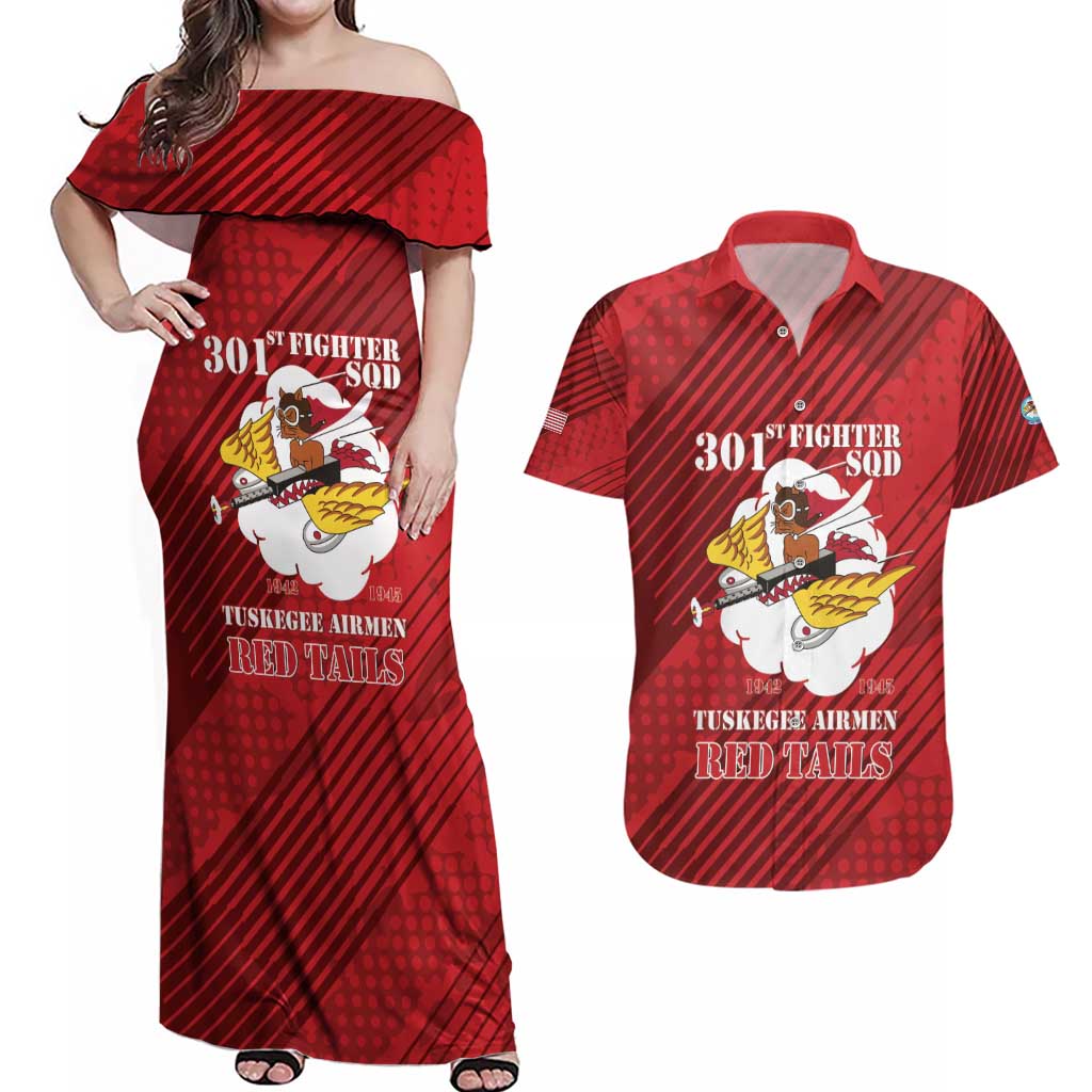 Personalized Tuskegee Airmen Red Tails Couples Matching Off Shoulder Maxi Dress and Hawaiian Shirt 301st Fighter Squadron - Red - Wonder Print Shop