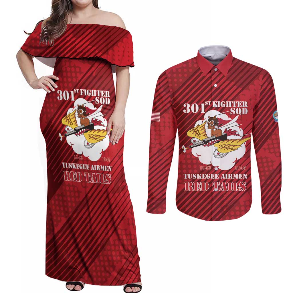 Personalized Tuskegee Airmen Red Tails Couples Matching Off Shoulder Maxi Dress and Long Sleeve Button Shirt 301st Fighter Squadron - Red - Wonder Print Shop