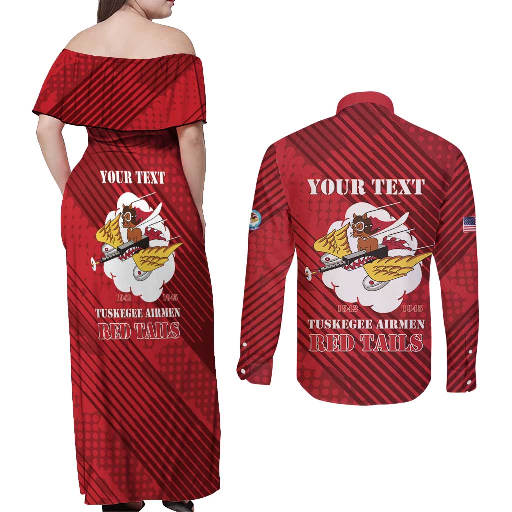 Personalized Tuskegee Airmen Red Tails Couples Matching Off Shoulder Maxi Dress and Long Sleeve Button Shirt 301st Fighter Squadron - Red - Wonder Print Shop
