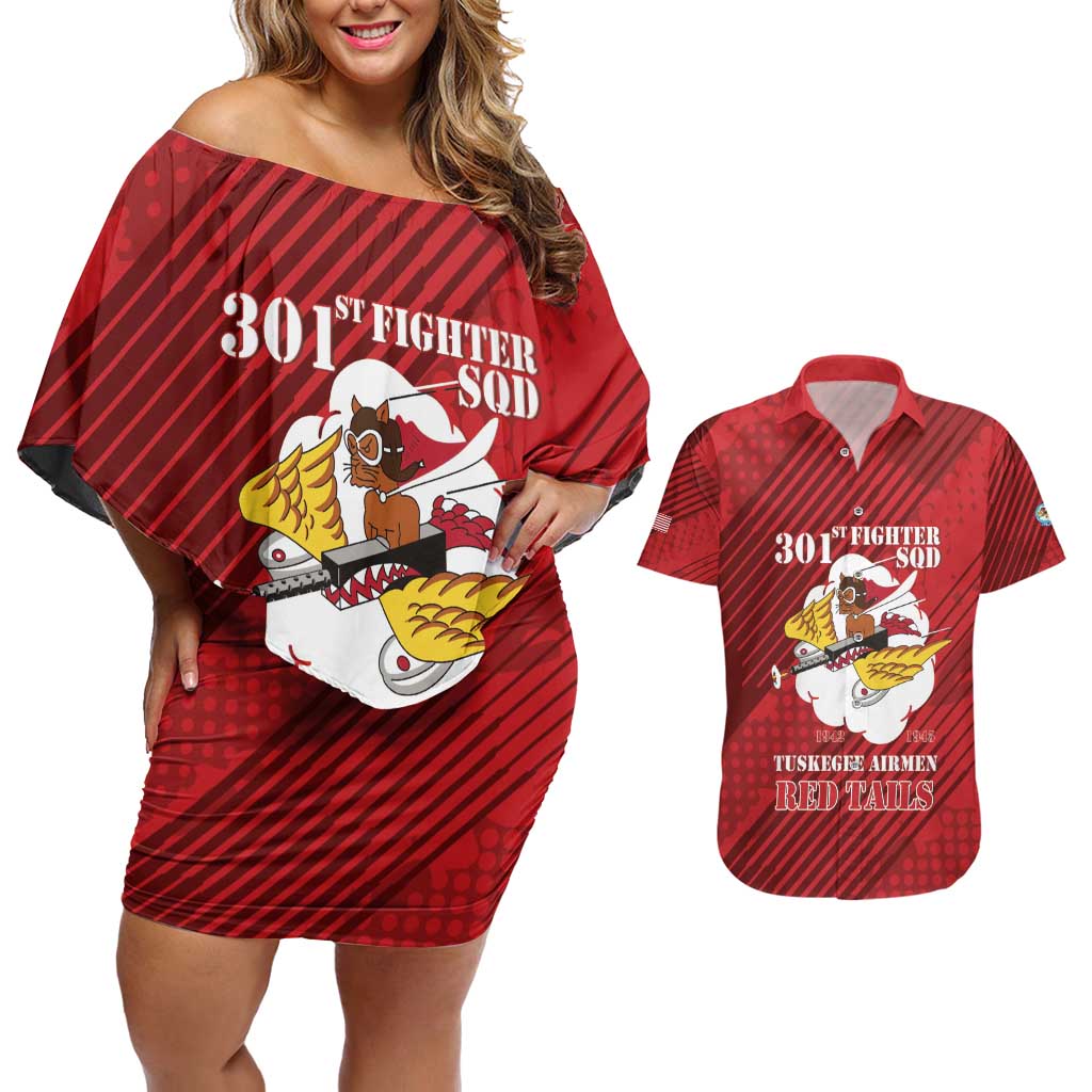 Personalized Tuskegee Airmen Red Tails Couples Matching Off Shoulder Short Dress and Hawaiian Shirt 301st Fighter Squadron - Red - Wonder Print Shop