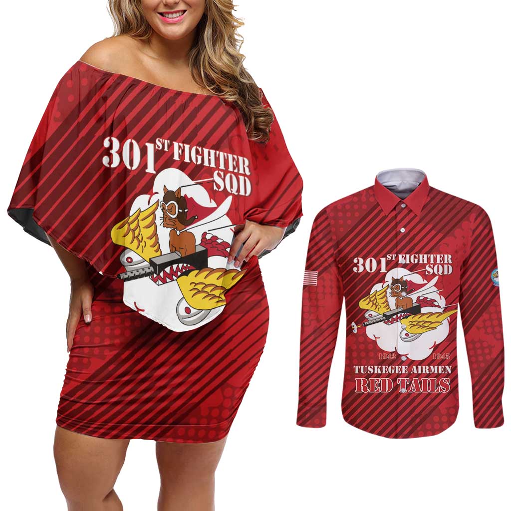 Personalized Tuskegee Airmen Red Tails Couples Matching Off Shoulder Short Dress and Long Sleeve Button Shirt 301st Fighter Squadron - Red - Wonder Print Shop