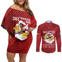 Personalized Tuskegee Airmen Red Tails Couples Matching Off Shoulder Short Dress and Long Sleeve Button Shirt 301st Fighter Squadron - Red - Wonder Print Shop