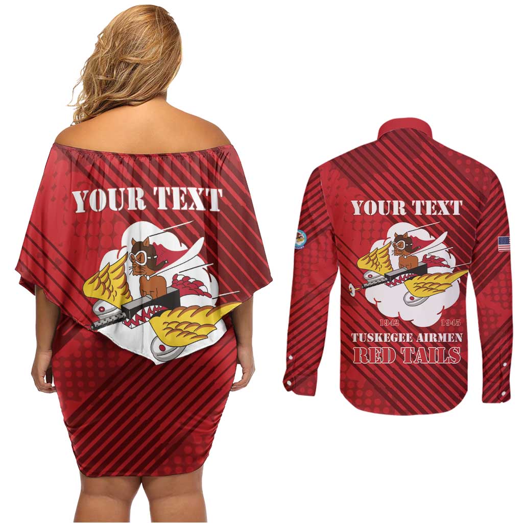 Personalized Tuskegee Airmen Red Tails Couples Matching Off Shoulder Short Dress and Long Sleeve Button Shirt 301st Fighter Squadron - Red - Wonder Print Shop