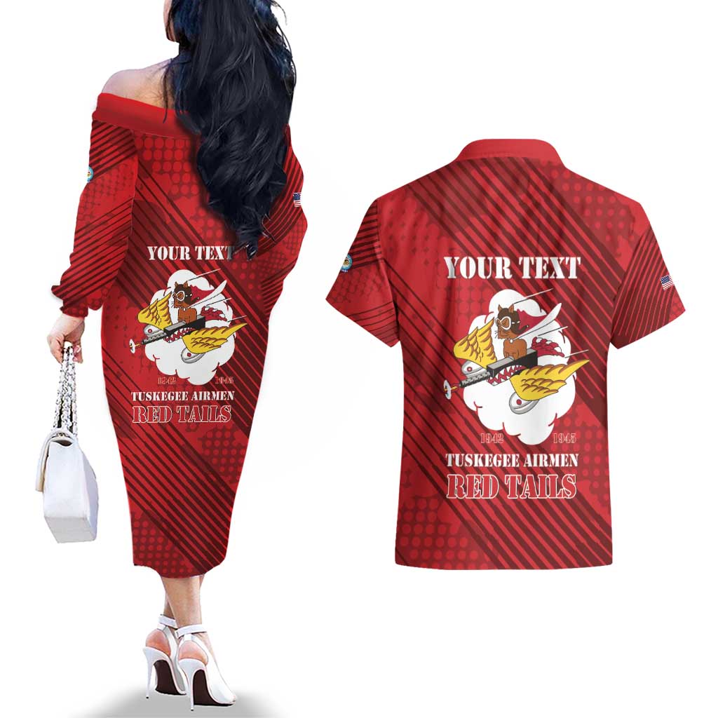 Personalized Tuskegee Airmen Red Tails Couples Matching Off The Shoulder Long Sleeve Dress and Hawaiian Shirt 301st Fighter Squadron - Red - Wonder Print Shop