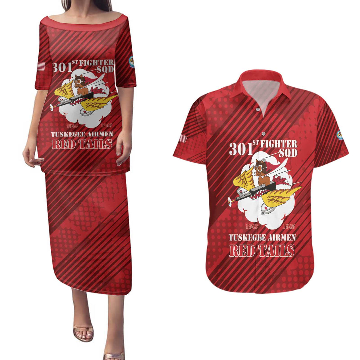 Personalized Tuskegee Airmen Red Tails Couples Matching Puletasi and Hawaiian Shirt 301st Fighter Squadron - Red - Wonder Print Shop