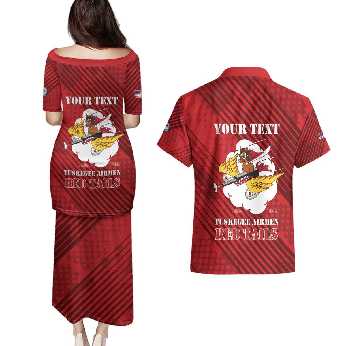 Personalized Tuskegee Airmen Red Tails Couples Matching Puletasi and Hawaiian Shirt 301st Fighter Squadron - Red - Wonder Print Shop