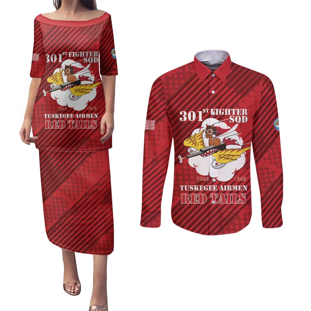 Personalized Tuskegee Airmen Red Tails Couples Matching Puletasi and Long Sleeve Button Shirt 301st Fighter Squadron - Red - Wonder Print Shop