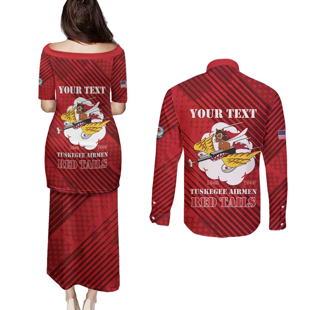 Personalized Tuskegee Airmen Red Tails Couples Matching Puletasi and Long Sleeve Button Shirt 301st Fighter Squadron - Red - Wonder Print Shop