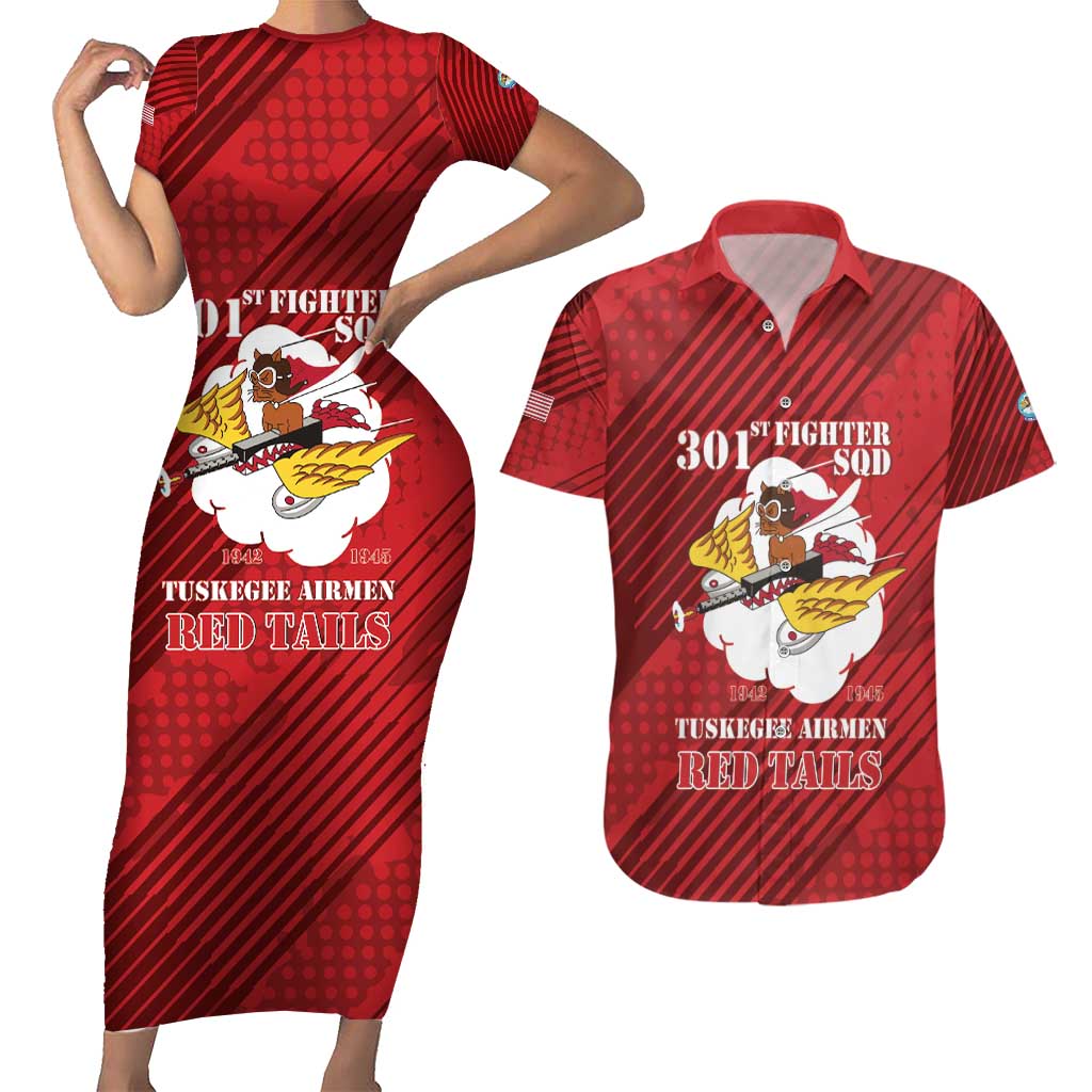 Personalized Tuskegee Airmen Red Tails Couples Matching Short Sleeve Bodycon Dress and Hawaiian Shirt 301st Fighter Squadron - Red - Wonder Print Shop