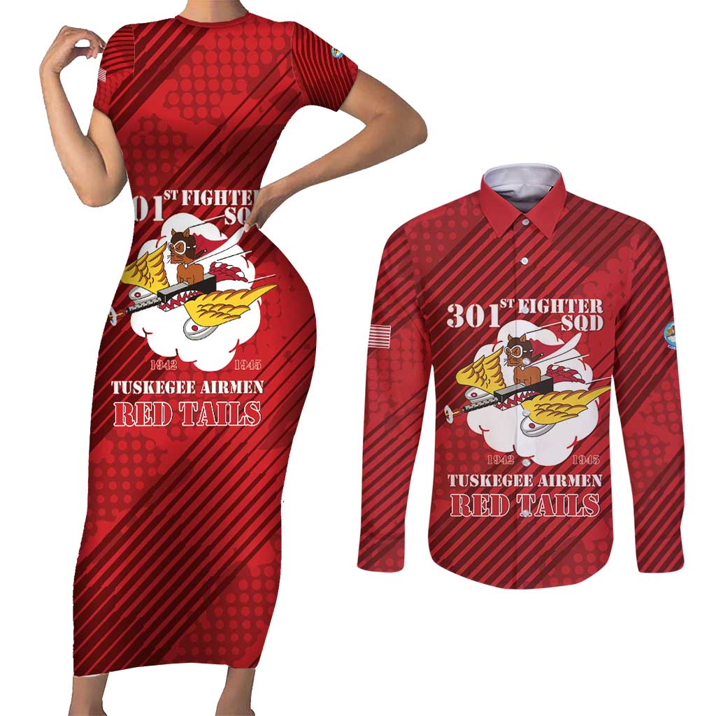 Personalized Tuskegee Airmen Red Tails Couples Matching Short Sleeve Bodycon Dress and Long Sleeve Button Shirt 301st Fighter Squadron - Red - Wonder Print Shop
