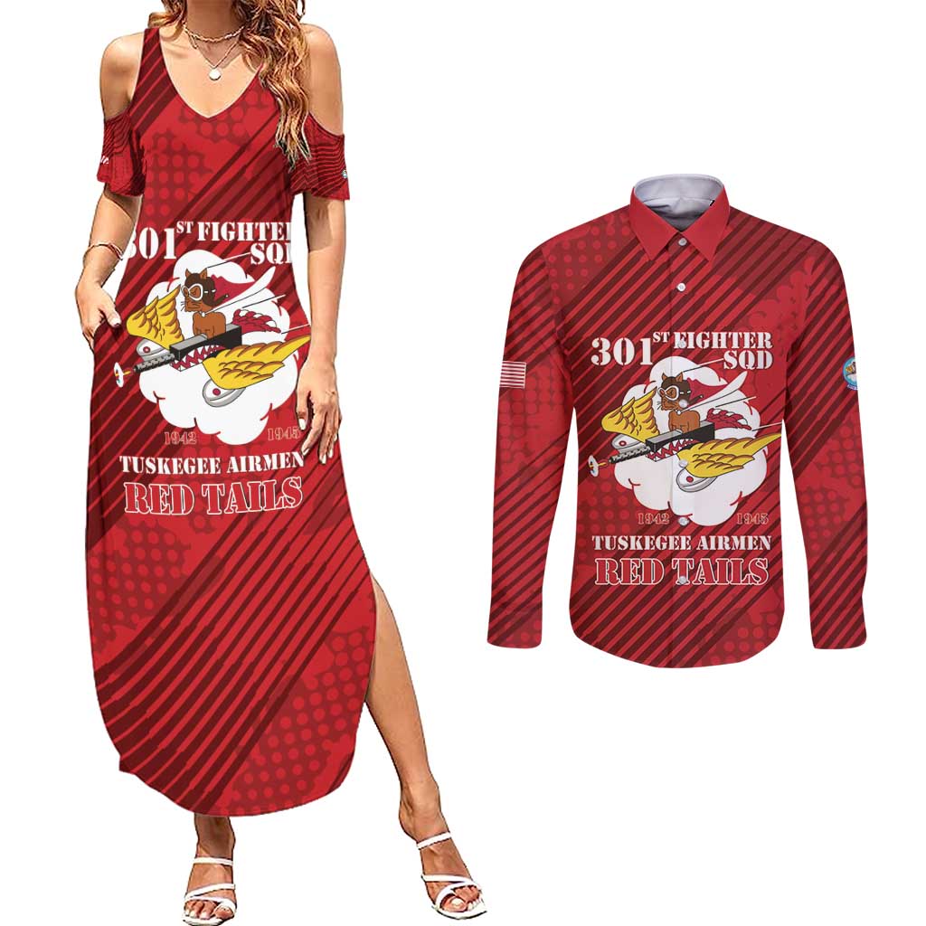 Personalized Tuskegee Airmen Red Tails Couples Matching Summer Maxi Dress and Long Sleeve Button Shirt 301st Fighter Squadron - Red - Wonder Print Shop