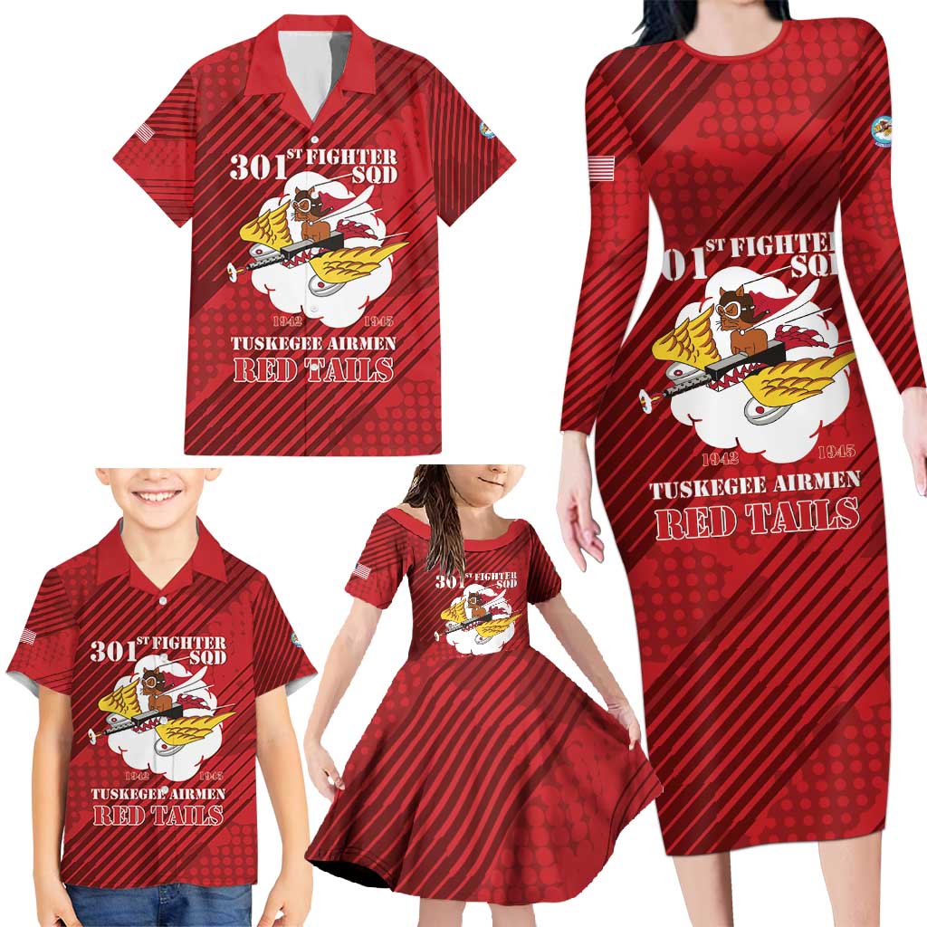 Personalized Tuskegee Airmen Red Tails Family Matching Long Sleeve Bodycon Dress and Hawaiian Shirt 301st Fighter Squadron - Red - Wonder Print Shop