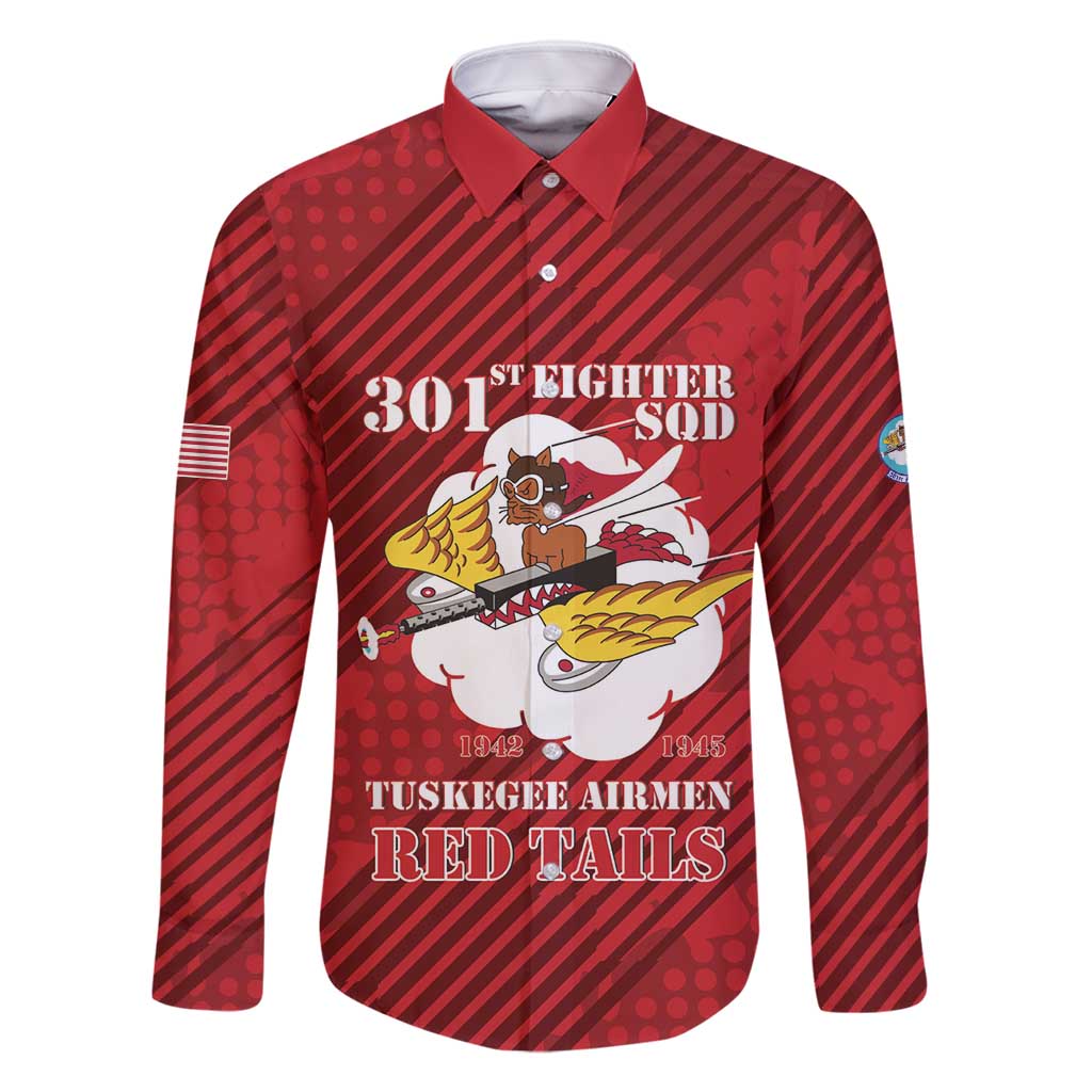 Personalized Tuskegee Airmen Red Tails Family Matching Long Sleeve Bodycon Dress and Hawaiian Shirt 301st Fighter Squadron - Red - Wonder Print Shop