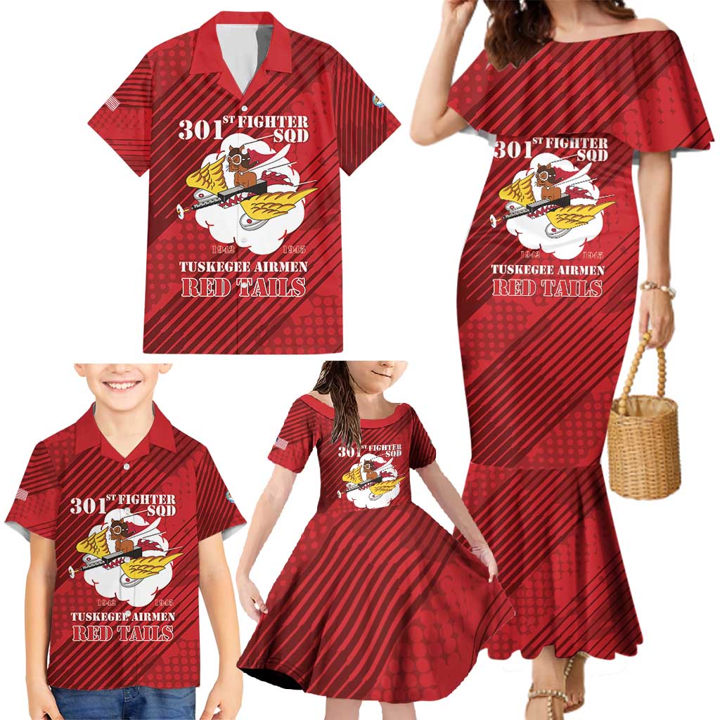 Personalized Tuskegee Airmen Red Tails Family Matching Mermaid Dress and Hawaiian Shirt 301st Fighter Squadron - Red - Wonder Print Shop