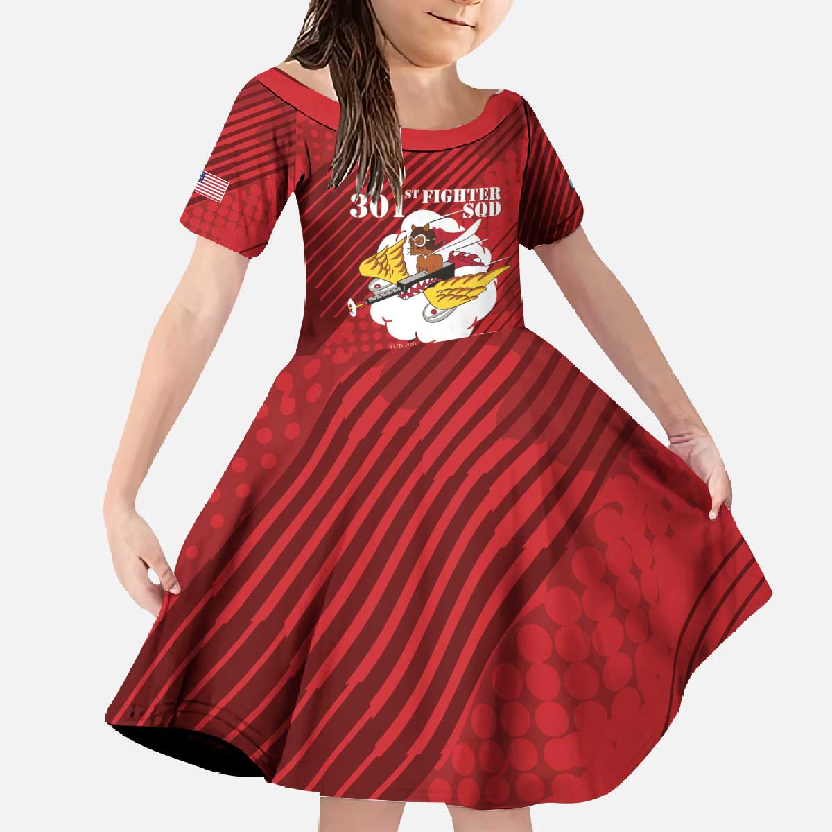Personalized Tuskegee Airmen Red Tails Family Matching Off The Shoulder Long Sleeve Dress and Hawaiian Shirt 301st Fighter Squadron - Red - Wonder Print Shop