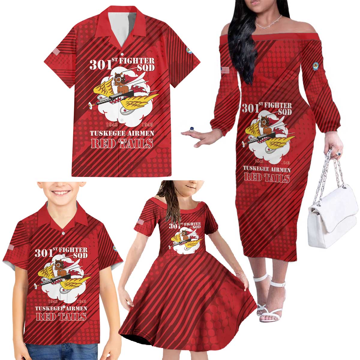 Personalized Tuskegee Airmen Red Tails Family Matching Off The Shoulder Long Sleeve Dress and Hawaiian Shirt 301st Fighter Squadron - Red - Wonder Print Shop