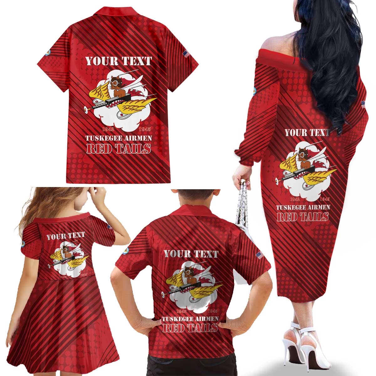 Personalized Tuskegee Airmen Red Tails Family Matching Off The Shoulder Long Sleeve Dress and Hawaiian Shirt 301st Fighter Squadron - Red - Wonder Print Shop