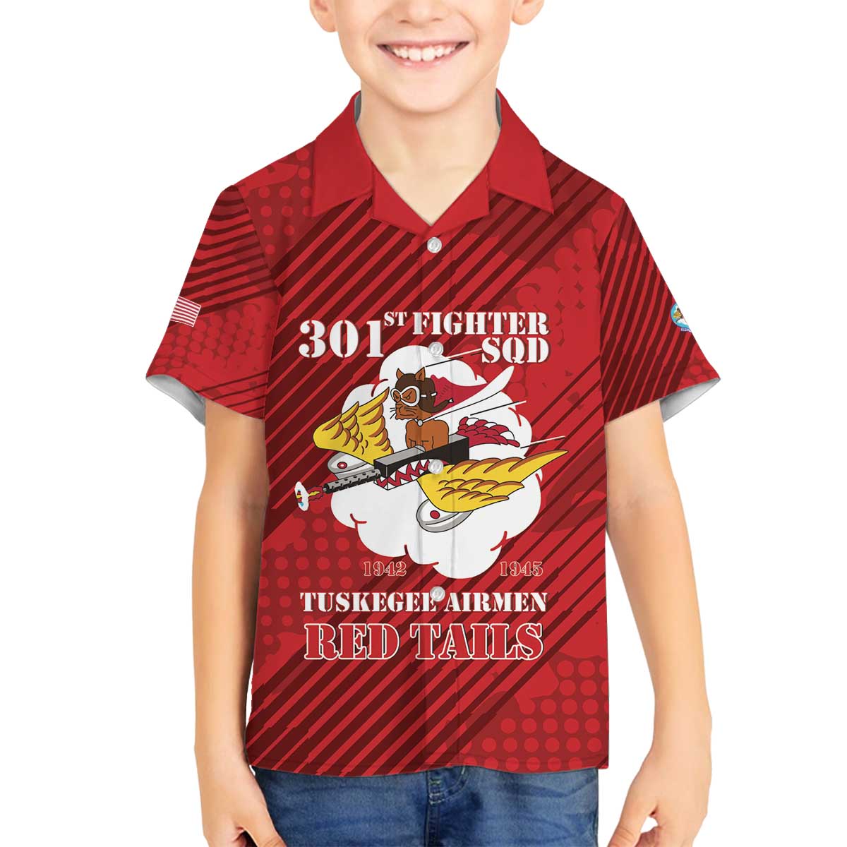 Personalized Tuskegee Airmen Red Tails Family Matching Off The Shoulder Long Sleeve Dress and Hawaiian Shirt 301st Fighter Squadron - Red - Wonder Print Shop