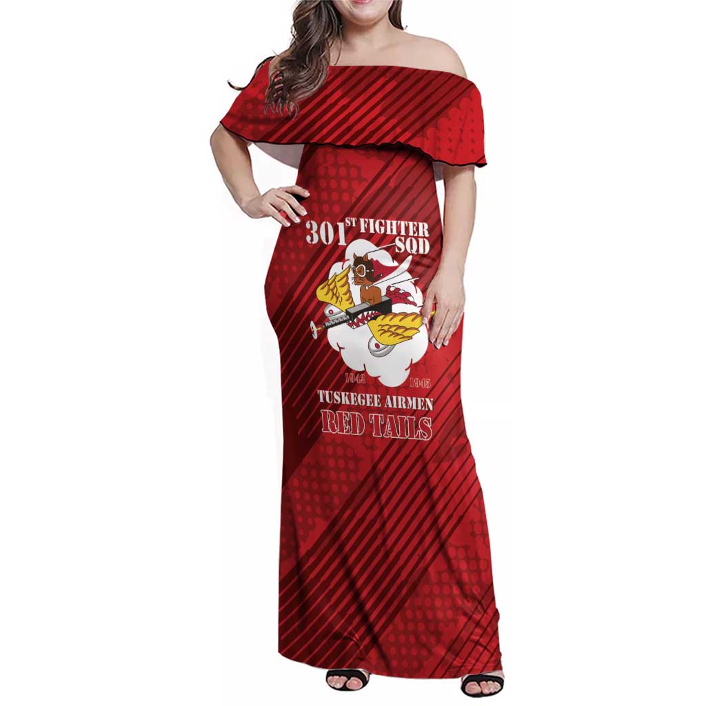 Personalized Tuskegee Airmen Red Tails Family Matching Off Shoulder Maxi Dress and Hawaiian Shirt 301st Fighter Squadron - Red - Wonder Print Shop