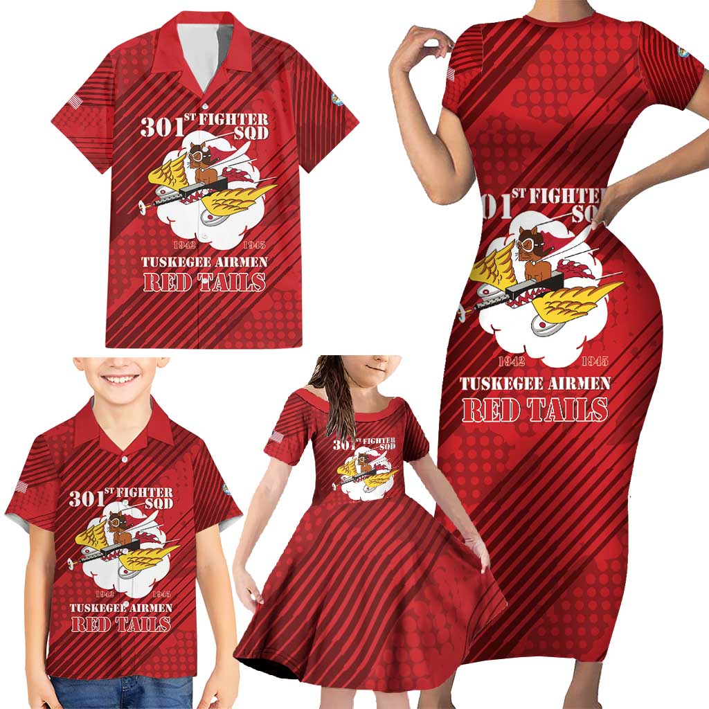 Personalized Tuskegee Airmen Red Tails Family Matching Short Sleeve Bodycon Dress and Hawaiian Shirt 301st Fighter Squadron - Red - Wonder Print Shop