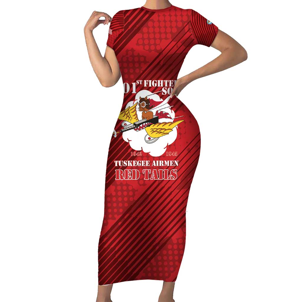 Personalized Tuskegee Airmen Red Tails Family Matching Short Sleeve Bodycon Dress and Hawaiian Shirt 301st Fighter Squadron - Red - Wonder Print Shop