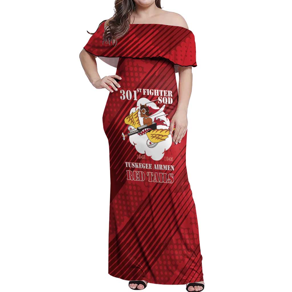 Personalized Tuskegee Airmen Red Tails Off Shoulder Maxi Dress 301st Fighter Squadron - Red - Wonder Print Shop