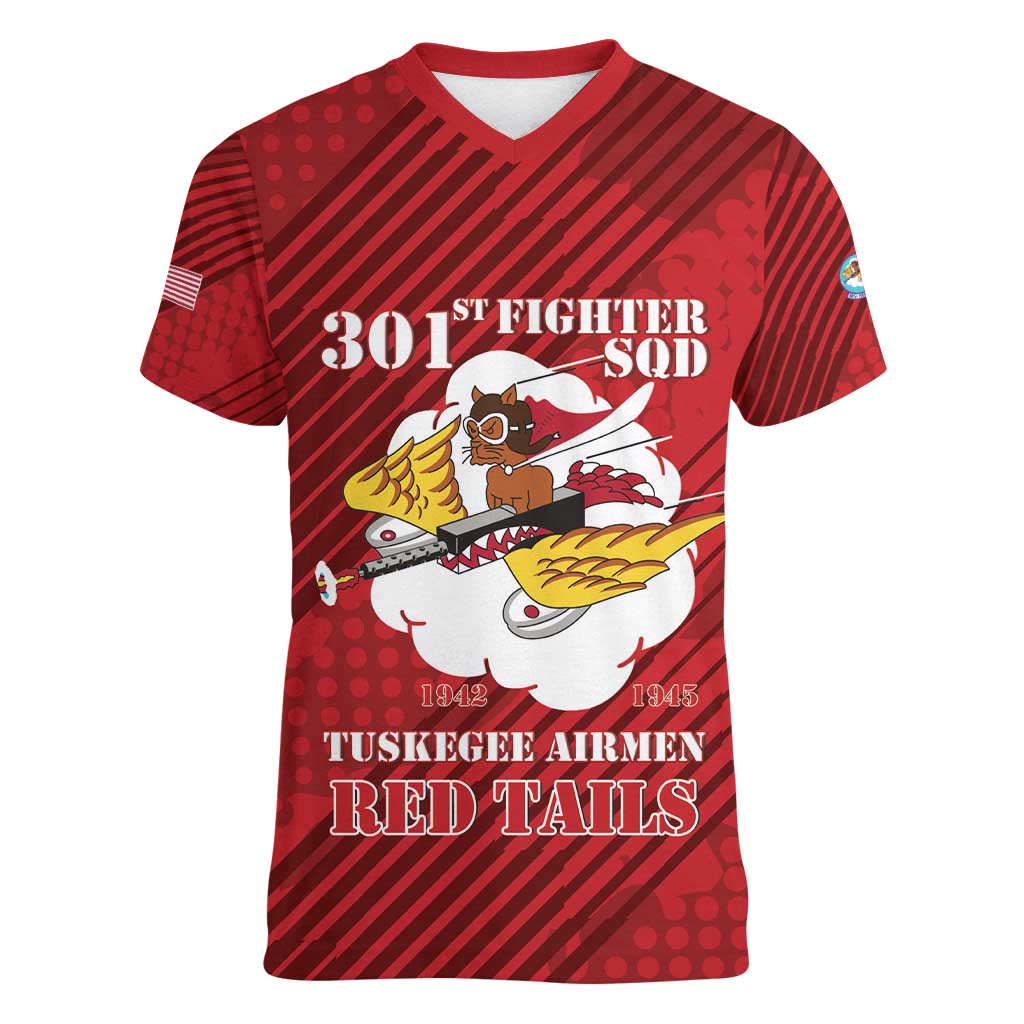 Personalized Tuskegee Airmen Red Tails Women V-Neck T-Shirt 301st Fighter Squadron - Red - Wonder Print Shop