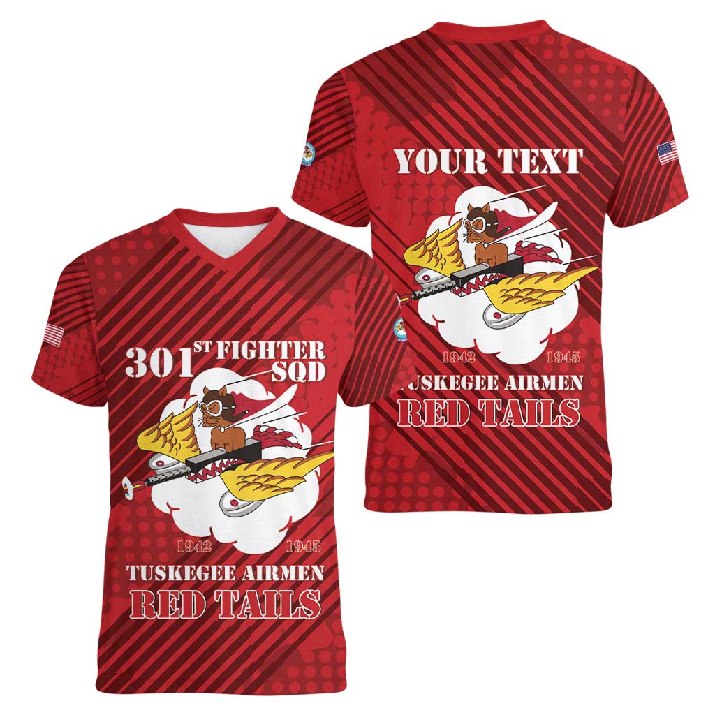 Personalized Tuskegee Airmen Red Tails Women V-Neck T-Shirt 301st Fighter Squadron - Red - Wonder Print Shop