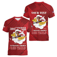 Personalized Tuskegee Airmen Red Tails Women V-Neck T-Shirt 301st Fighter Squadron - Red - Wonder Print Shop