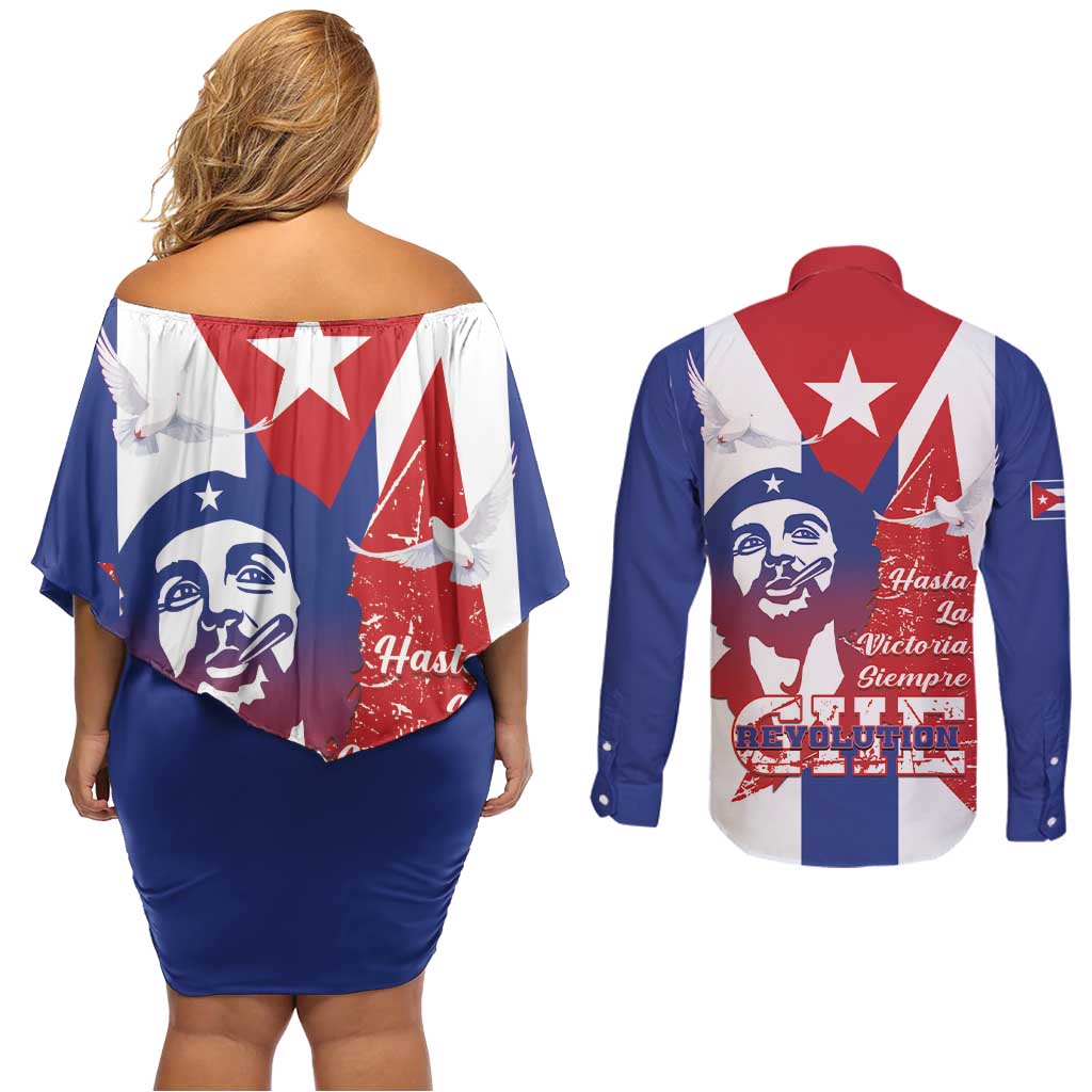Cuba Liberation Day Couples Matching Off Shoulder Short Dress and Long Sleeve Button Shirt Che Guevara Revolution - Wonder Print Shop