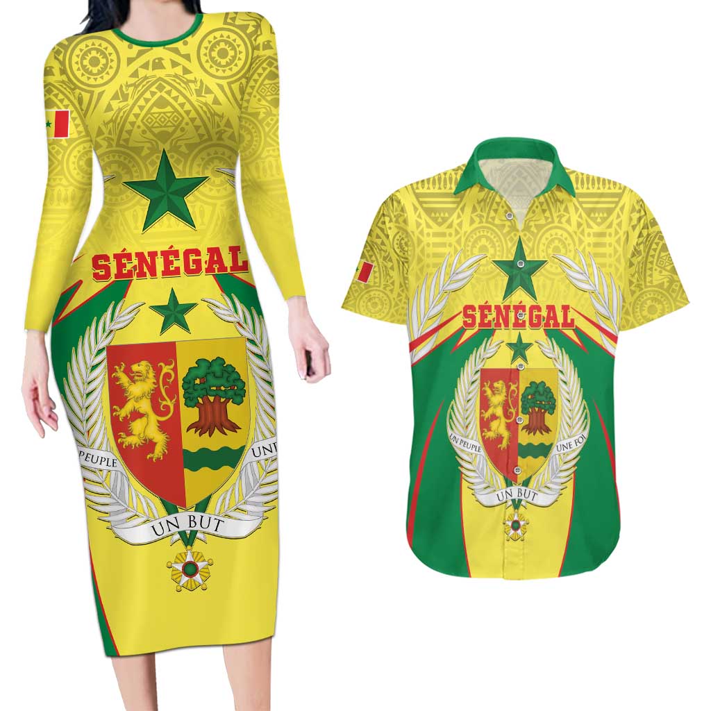 Personalised Senegal Couples Matching Long Sleeve Bodycon Dress and Hawaiian Shirt Coat Of Arms Mix African Pattern - Wonder Print Shop