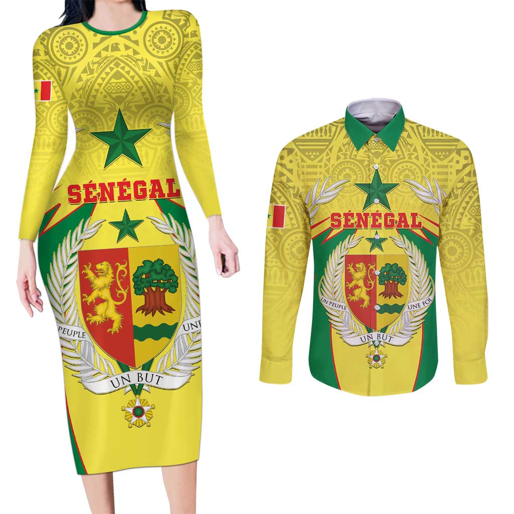 Personalised Senegal Couples Matching Long Sleeve Bodycon Dress and Long Sleeve Button Shirt Coat Of Arms Mix African Pattern - Wonder Print Shop