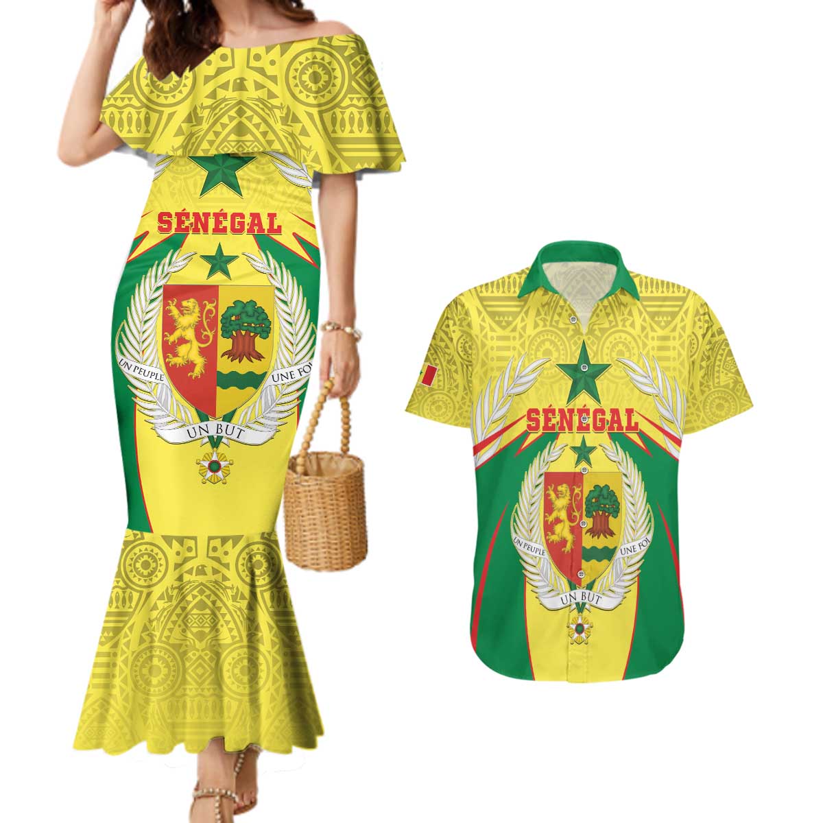 Personalised Senegal Couples Matching Mermaid Dress and Hawaiian Shirt Coat Of Arms Mix African Pattern - Wonder Print Shop