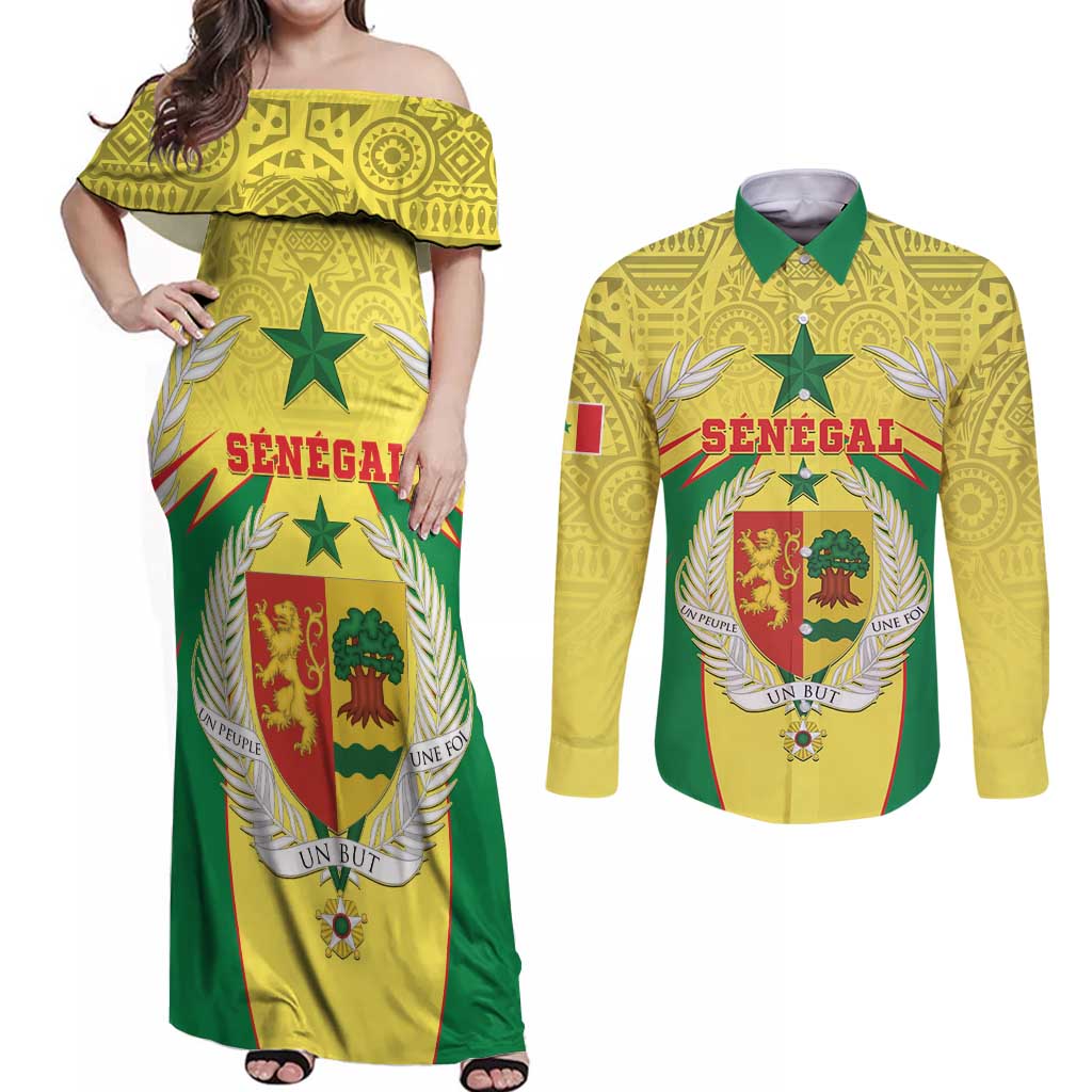 Personalised Senegal Couples Matching Off Shoulder Maxi Dress and Long Sleeve Button Shirt Coat Of Arms Mix African Pattern - Wonder Print Shop