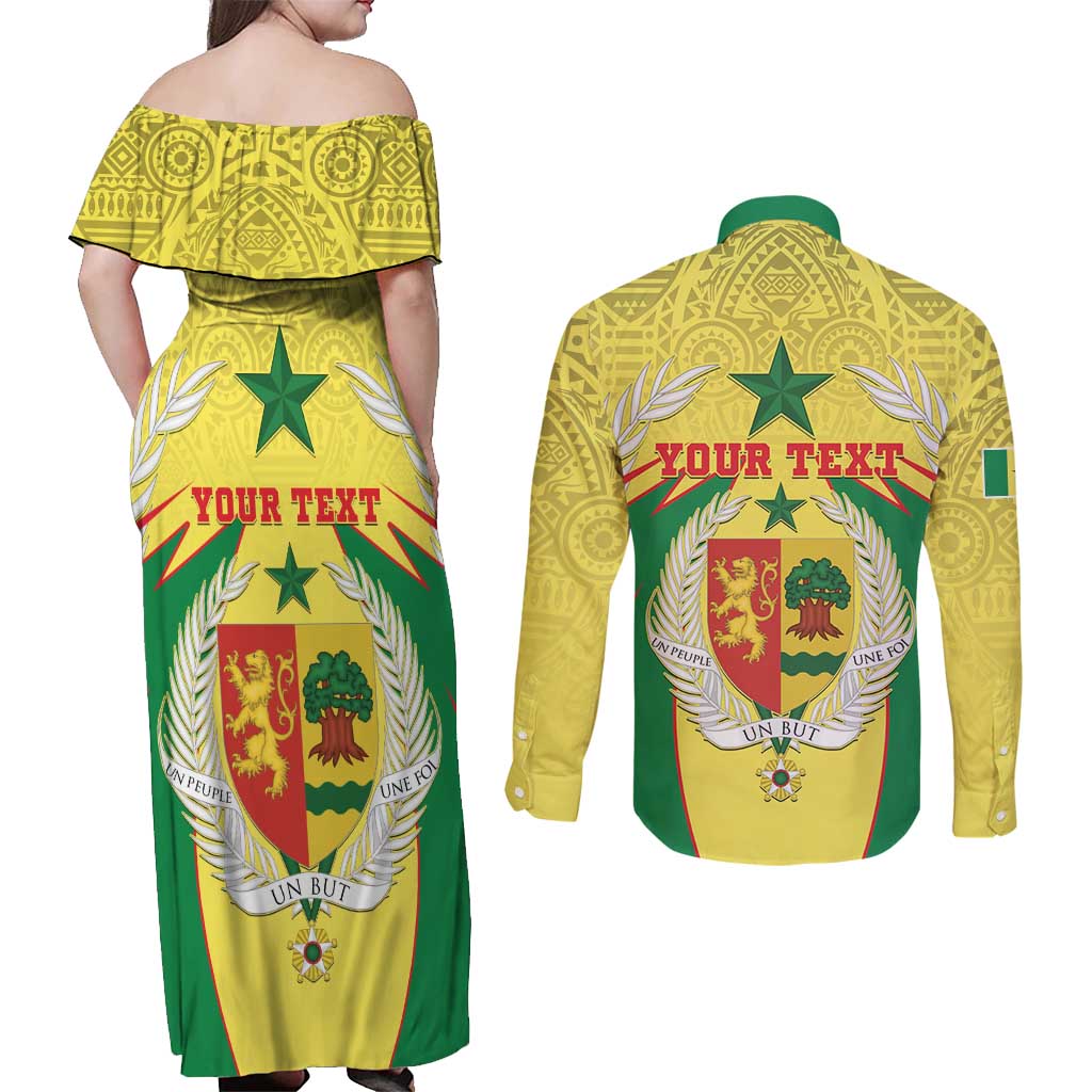 Personalised Senegal Couples Matching Off Shoulder Maxi Dress and Long Sleeve Button Shirt Coat Of Arms Mix African Pattern - Wonder Print Shop