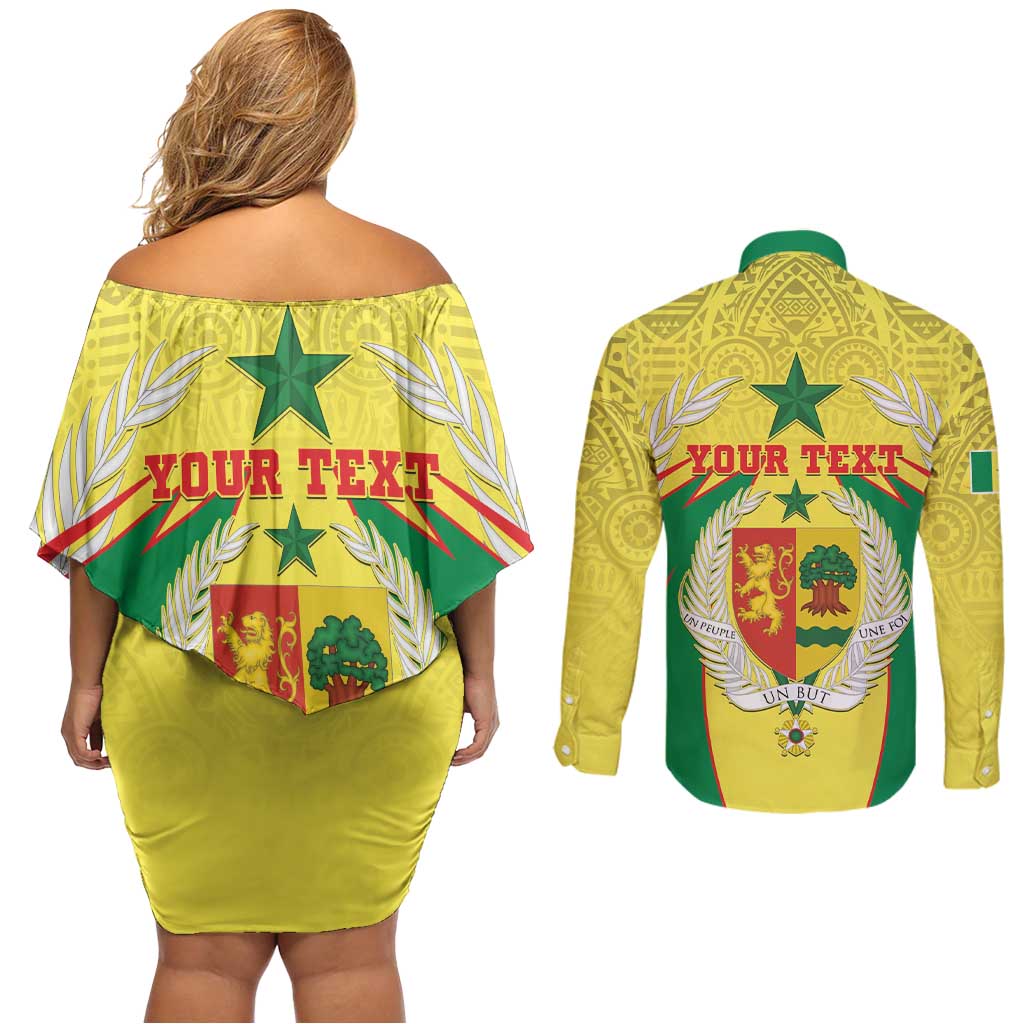 Personalised Senegal Couples Matching Off Shoulder Short Dress and Long Sleeve Button Shirt Coat Of Arms Mix African Pattern - Wonder Print Shop