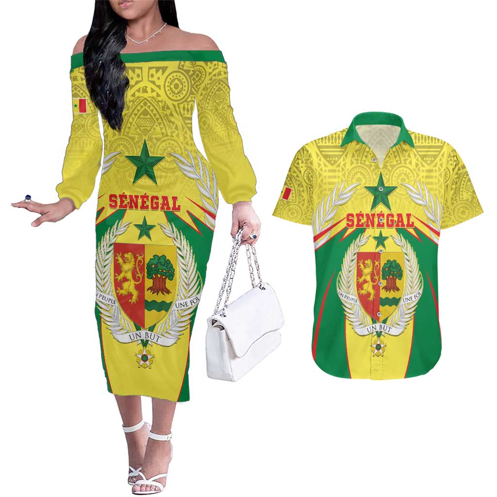 Personalised Senegal Couples Matching Off The Shoulder Long Sleeve Dress and Hawaiian Shirt Coat Of Arms Mix African Pattern - Wonder Print Shop