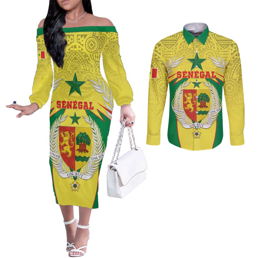 Personalised Senegal Couples Matching Off The Shoulder Long Sleeve Dress and Long Sleeve Button Shirt Coat Of Arms Mix African Pattern