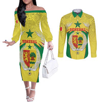 Personalised Senegal Couples Matching Off The Shoulder Long Sleeve Dress and Long Sleeve Button Shirt Coat Of Arms Mix African Pattern