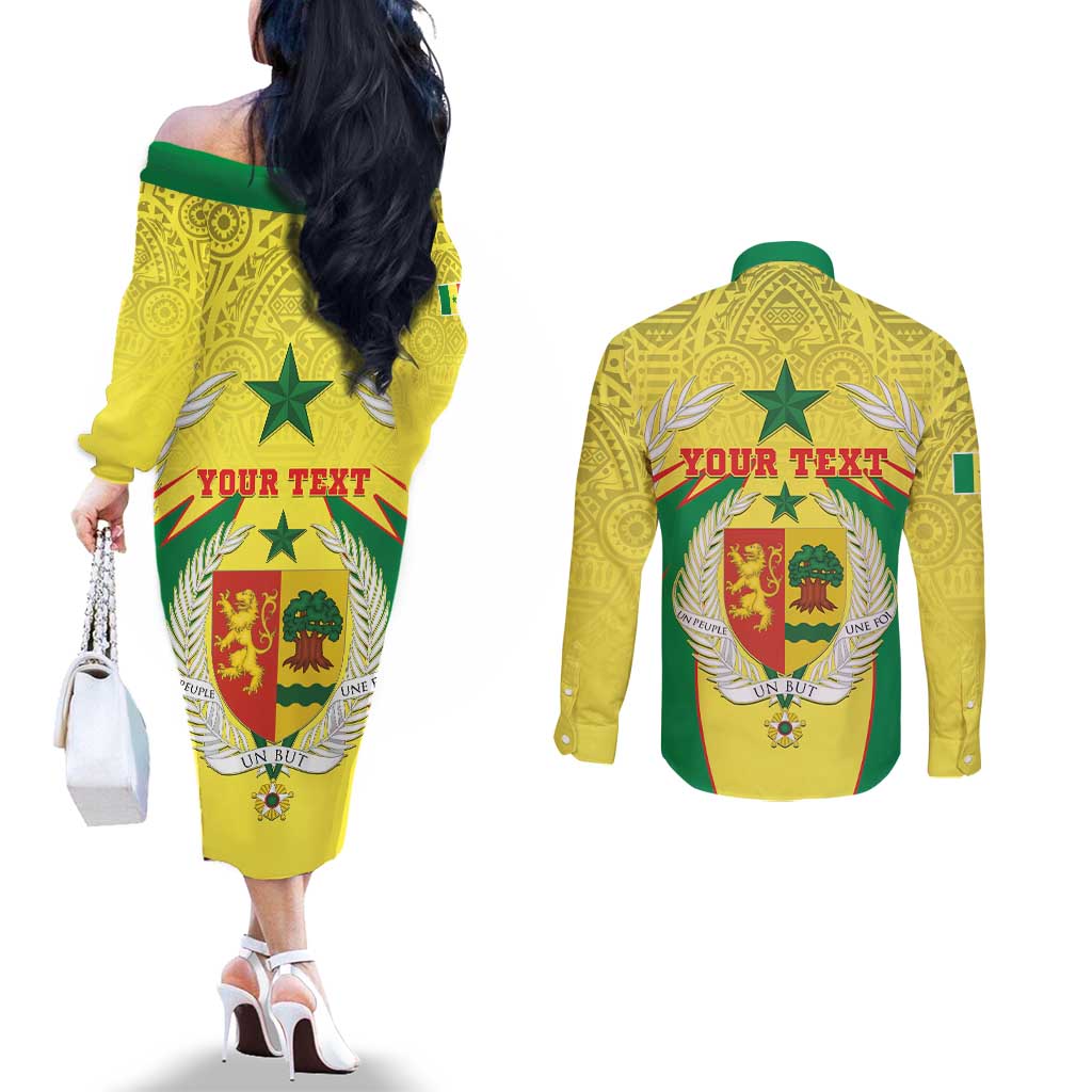 Personalised Senegal Couples Matching Off The Shoulder Long Sleeve Dress and Long Sleeve Button Shirt Coat Of Arms Mix African Pattern