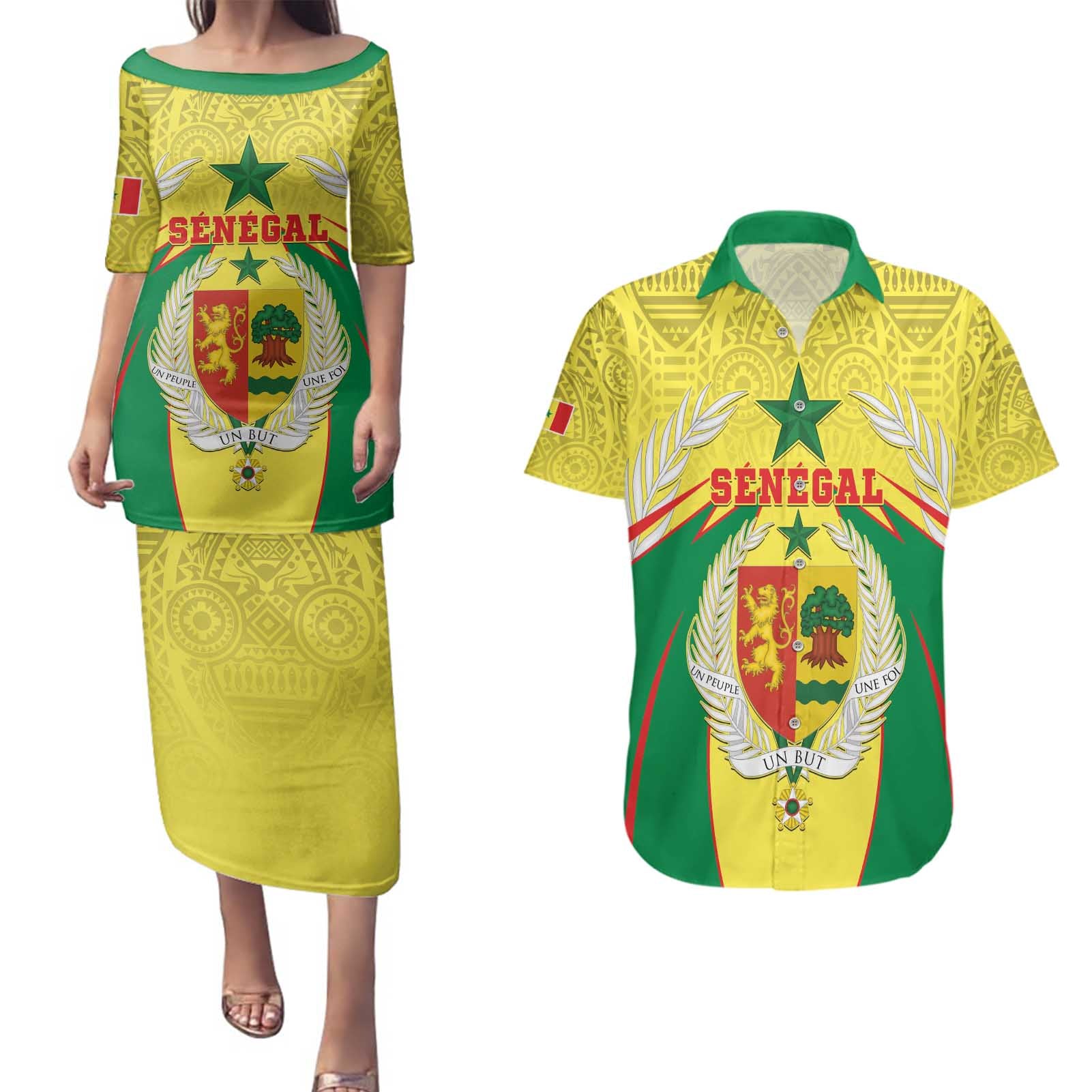 Personalised Senegal Couples Matching Puletasi and Hawaiian Shirt Coat Of Arms Mix African Pattern - Wonder Print Shop