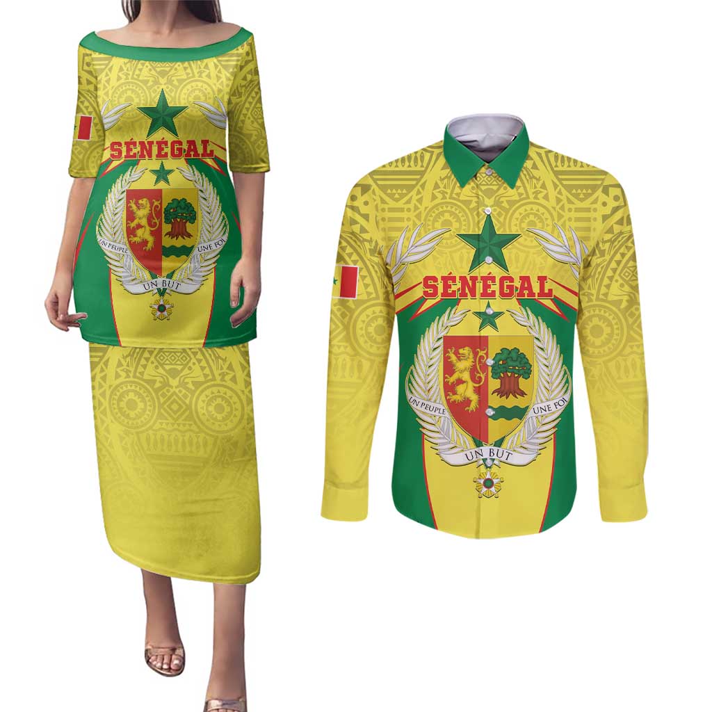 Personalised Senegal Couples Matching Puletasi and Long Sleeve Button Shirt Coat Of Arms Mix African Pattern - Wonder Print Shop