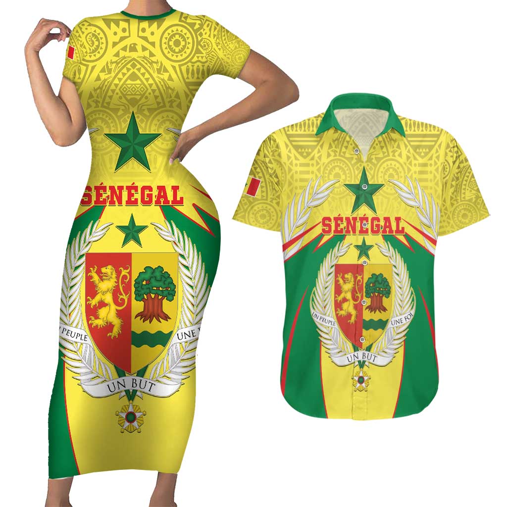 Personalised Senegal Couples Matching Short Sleeve Bodycon Dress and Hawaiian Shirt Coat Of Arms Mix African Pattern - Wonder Print Shop