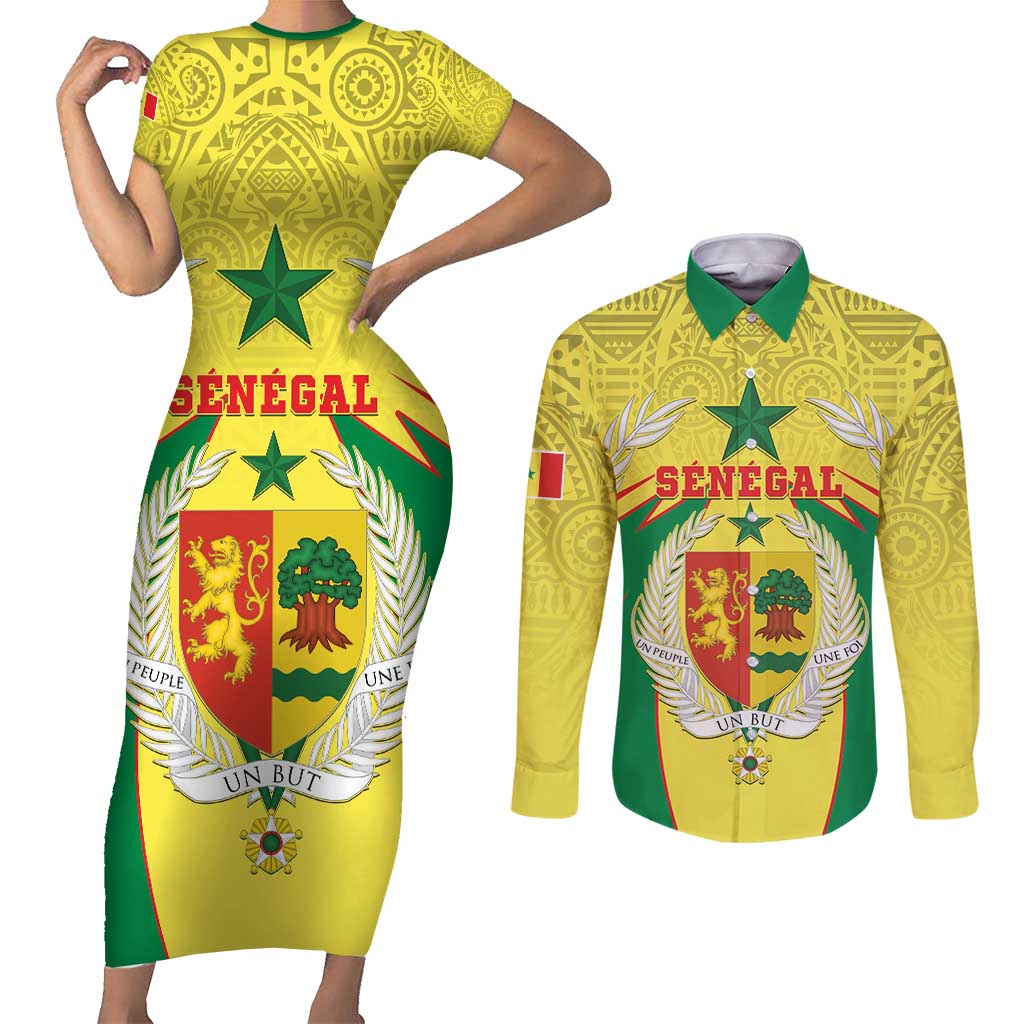 Personalised Senegal Couples Matching Short Sleeve Bodycon Dress and Long Sleeve Button Shirt Coat Of Arms Mix African Pattern - Wonder Print Shop
