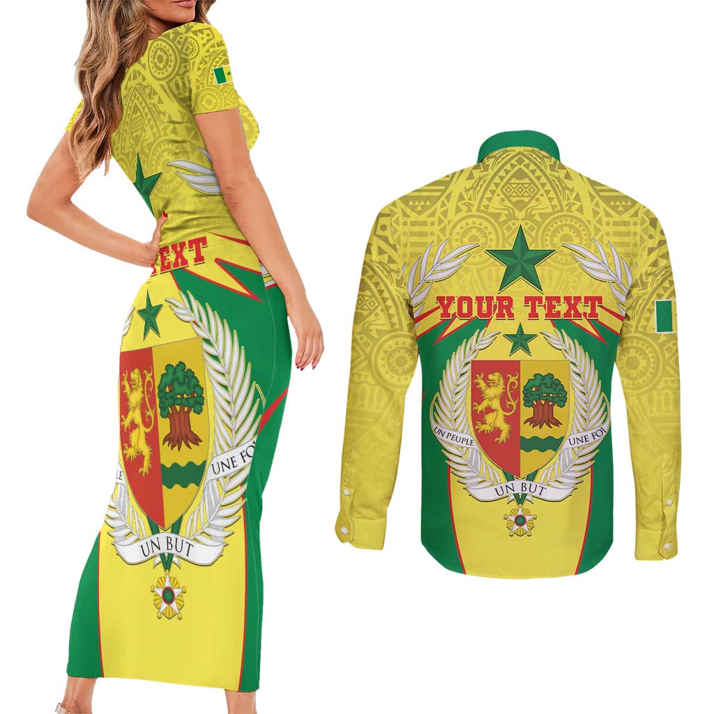 Personalised Senegal Couples Matching Short Sleeve Bodycon Dress and Long Sleeve Button Shirt Coat Of Arms Mix African Pattern - Wonder Print Shop