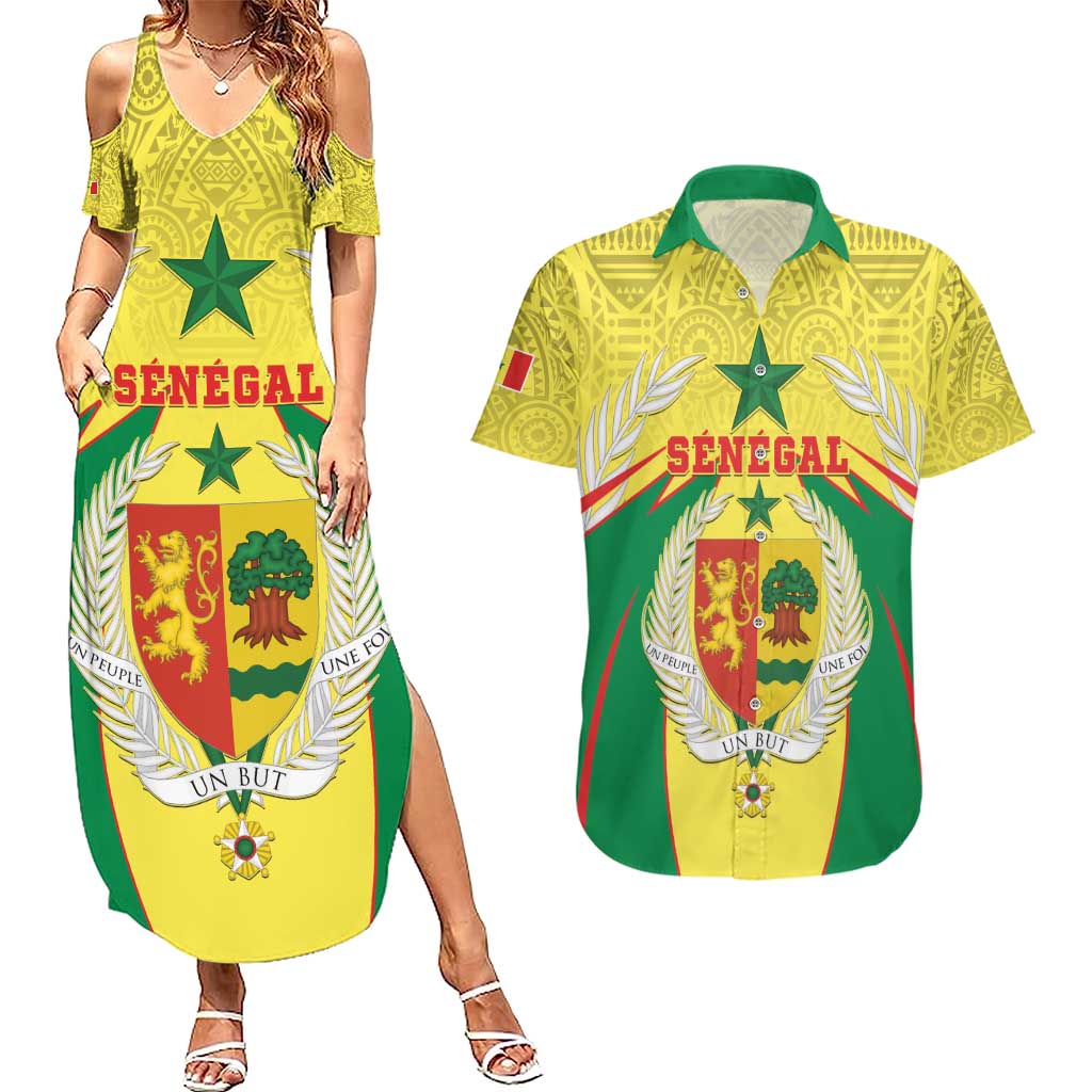 Personalised Senegal Couples Matching Summer Maxi Dress and Hawaiian Shirt Coat Of Arms Mix African Pattern - Wonder Print Shop