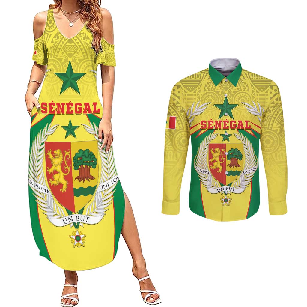 Personalised Senegal Couples Matching Summer Maxi Dress and Long Sleeve Button Shirt Coat Of Arms Mix African Pattern - Wonder Print Shop