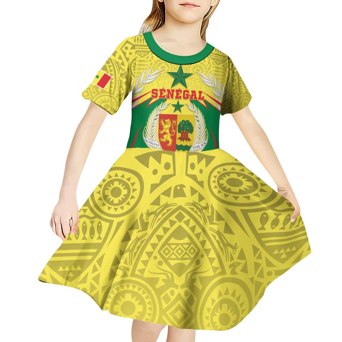 Personalised Senegal Kid Short Sleeve Dress Coat Of Arms Mix African Pattern - Wonder Print Shop