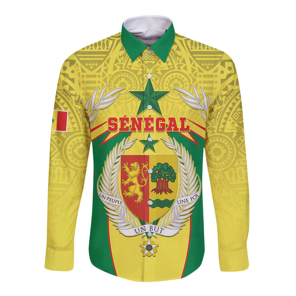 Personalised Senegal Long Sleeve Button Shirt Coat Of Arms Mix African Pattern - Wonder Print Shop