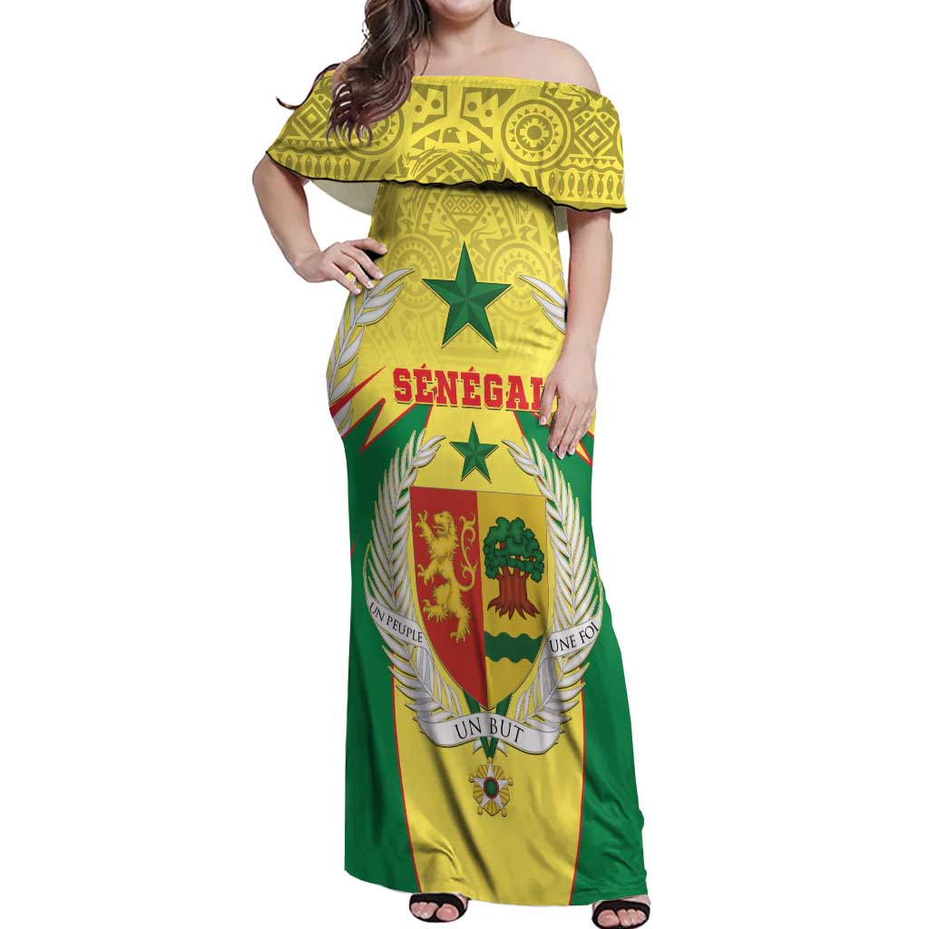 Personalised Senegal Off Shoulder Maxi Dress Coat Of Arms Mix African Pattern - Wonder Print Shop
